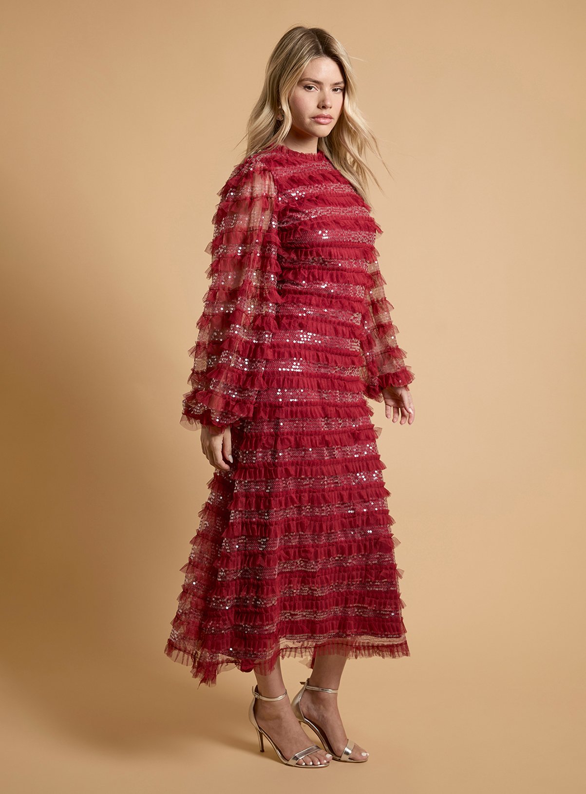 OASIS Long Sleeve Sequin Mesh Midaxi Dress Red 6 - Image 4 thumbnail